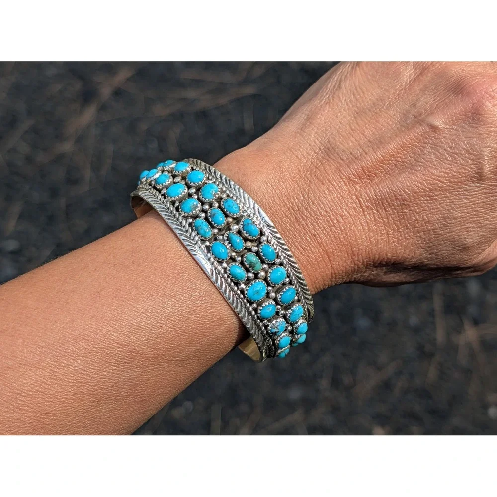 Navajo Turquoise Cluster Bracelet by Marlena‎ Jones Sterling Silver Sz 7.25in